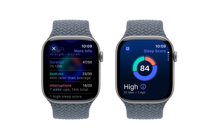 Apple Watch Series 11, space grey colour, aluminium case, Smart Stack hint, sleep score notification, right side exterior, Digital Crown, Braided Solo Loop, anchor blue colour