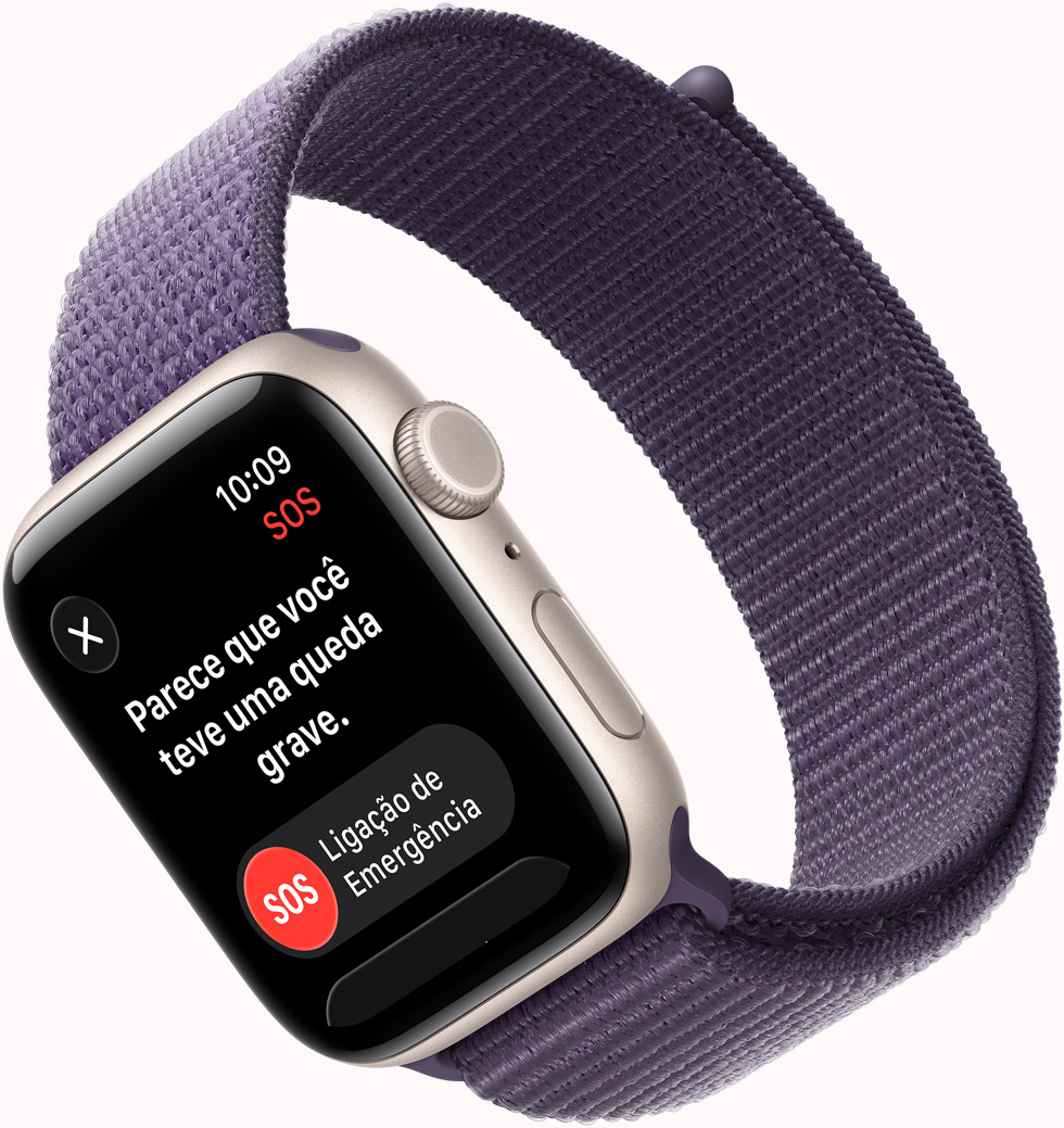 Apple Watch SE 3 com caixa estelar de alumínio e pulseira loop esportiva roxo-névoa, notificação de Detecção de Queda, botões Ligação de Emergência e Estou Bem, Digital Crown, microfone e botão lateral no lado direito