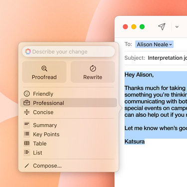 Um e-mail comercial com um prompt da Apple Intelligence.