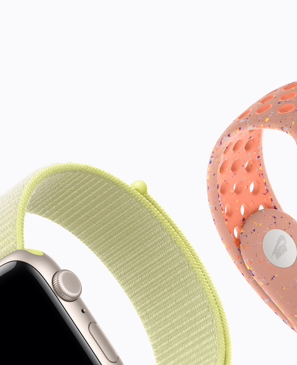 Apple Watch SE 3, aluminum case, starlight colour, neon yellow Sport Loop, alpenglow pink Nike Sport Band
