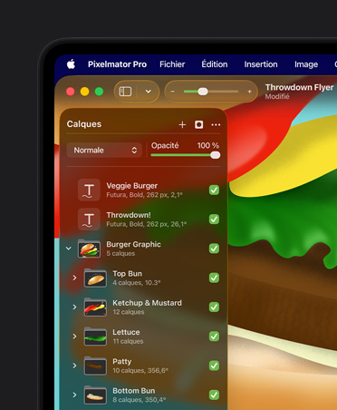 Outils de calques et d’ajustement de Pixelmator Pro, image d’un hamburger pour un dépliant