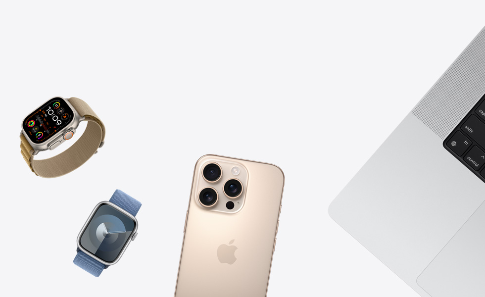 Image montrant divers produits : une Apple Watch en fini naturel avec bracelet Alpin havane, une Apple Watch argent avec bracelet sport à rabat pervenche, un iPhone titane sable et un MacBook argent
