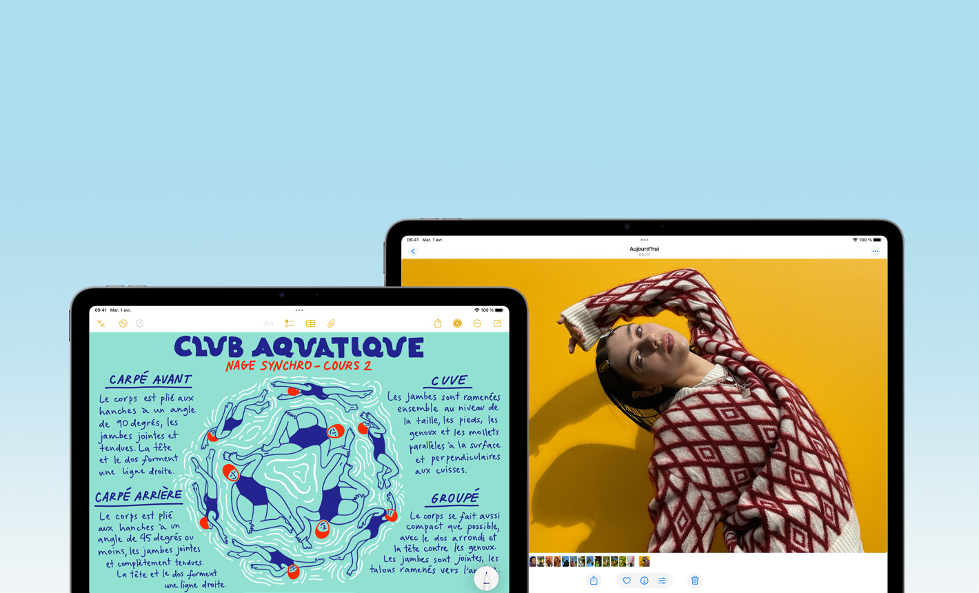 Vue avant d’iPad Air 11 pouces sur lequel l’app Notes est ouverte, et d’iPad Air 13 pouces sur lequel l’app Photos est ouverte, montrant les différentes tailles d’écran