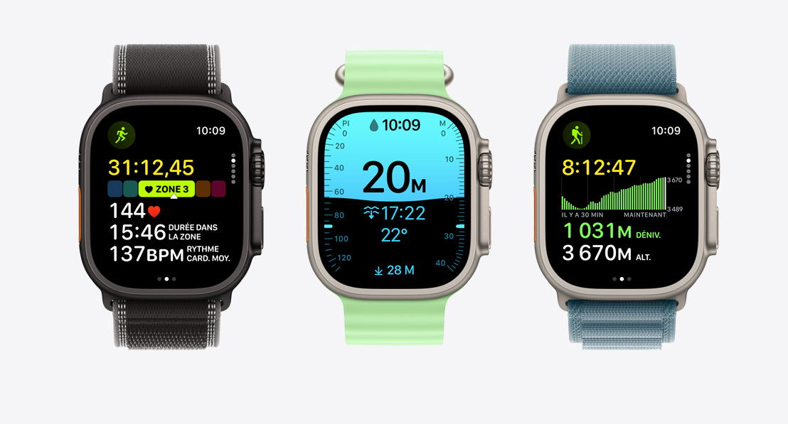 Apple Watch Ultra 3, écrans de l’app Exercice, course, plongée autonome, vélo