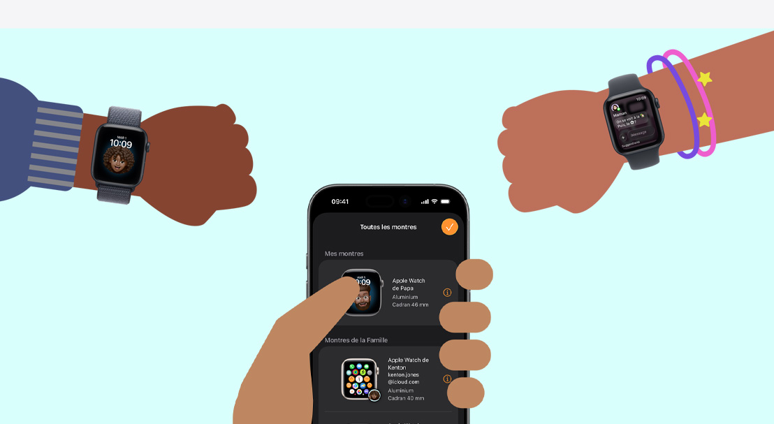 Illustration de deux poignets d’enfants portant des Apple Watch SE 3 et d’une main d’adulte tenant un iPhone 17