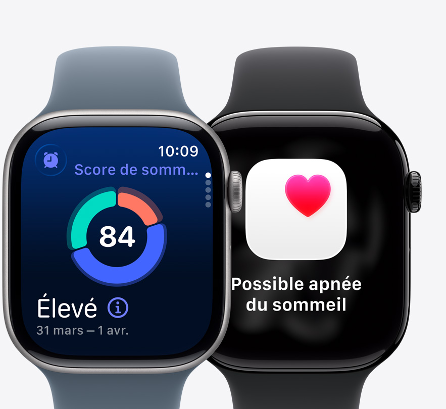 Appareils Apple Watch Series 11, écran affichant le score de sommeil, notification de possible apnée du sommeil