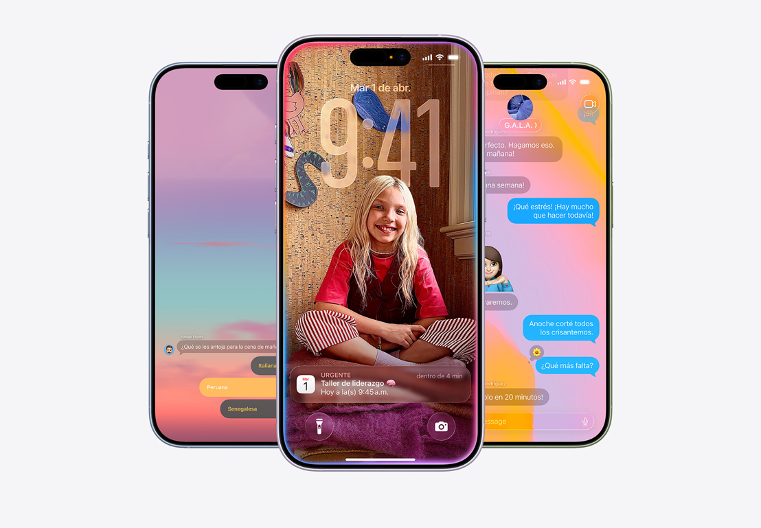 Pantalla de un iPhone que muestra el aviso para filtrar una llamada, pantalla de un iPhone que muestra un aviso de Calendario sobre un fondo personalizado con la foto de una niña, pantalla de un iPhone que muestra Mensajes con diseño de Liquid Glass
