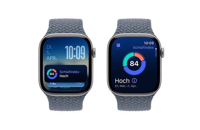 Apple Watch Series 11, Farbe Space Grau, Aluminiumgehäuse, Smart Stapel Hinweis, Schlafindex Mitteilung, rechte Seitenansicht, Digital Crown, Geflochtenes Solo Loop, Farbe Maritimblau