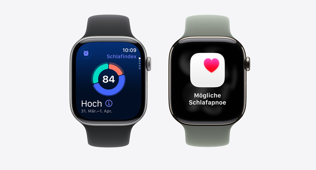 Zwei Apple Watch Series 11, Schlafindex Display, Mitteilung: Mögliche Schlafapnoe