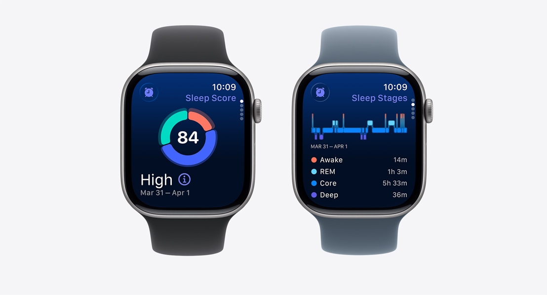 Two Apple Watch Series 11, sleep score screen, possible sleep apnea notification, Sport Loops, black and green gray colors