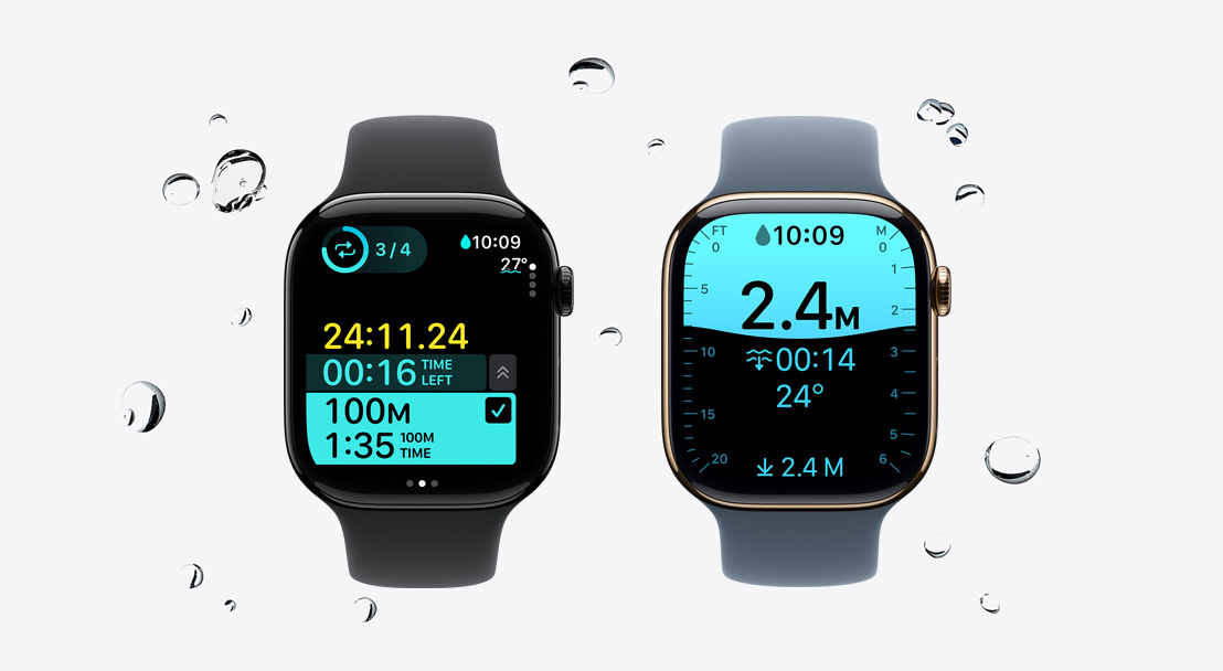 Apple Watch Series 11 seadmed, alumiiniumist ja titaanist korpused, poleeritud teemantmust ja kuldne värv, Workout rakendus jälgimas ujumist, veepiisad voolavad kellalt maha, Sport Band rihmad, musta ja ankrusinist värvi