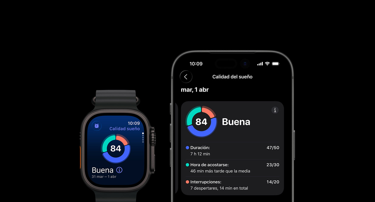 Gráfico circular y valoración de calidad del sueño en el Apple Watch Ultra 3, análisis completo abierto en el iPhone enlazado