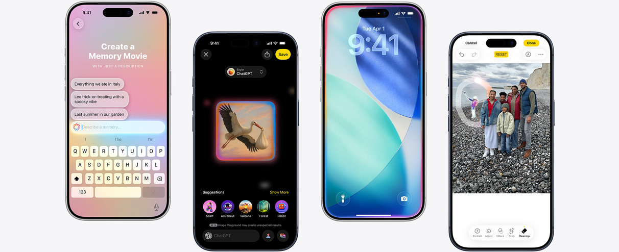 Fem iPhone-enheter som visar Apple Intelligence-funktioner: skapa en minnesfilm, skapa illustrationer i Image Playground, iOS-låsskärm som är upplyst längs kanten, liveöversättning under ett telefonsamtal, översättning i realtid i Meddelanden.