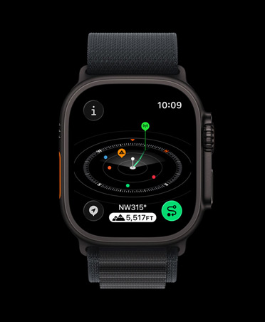 Apple Watch Ultra 3, kleur zwart, kast van titanium, Kompas-app, gemarkeerde routepunten, bandje, zwart Alpine-bandje