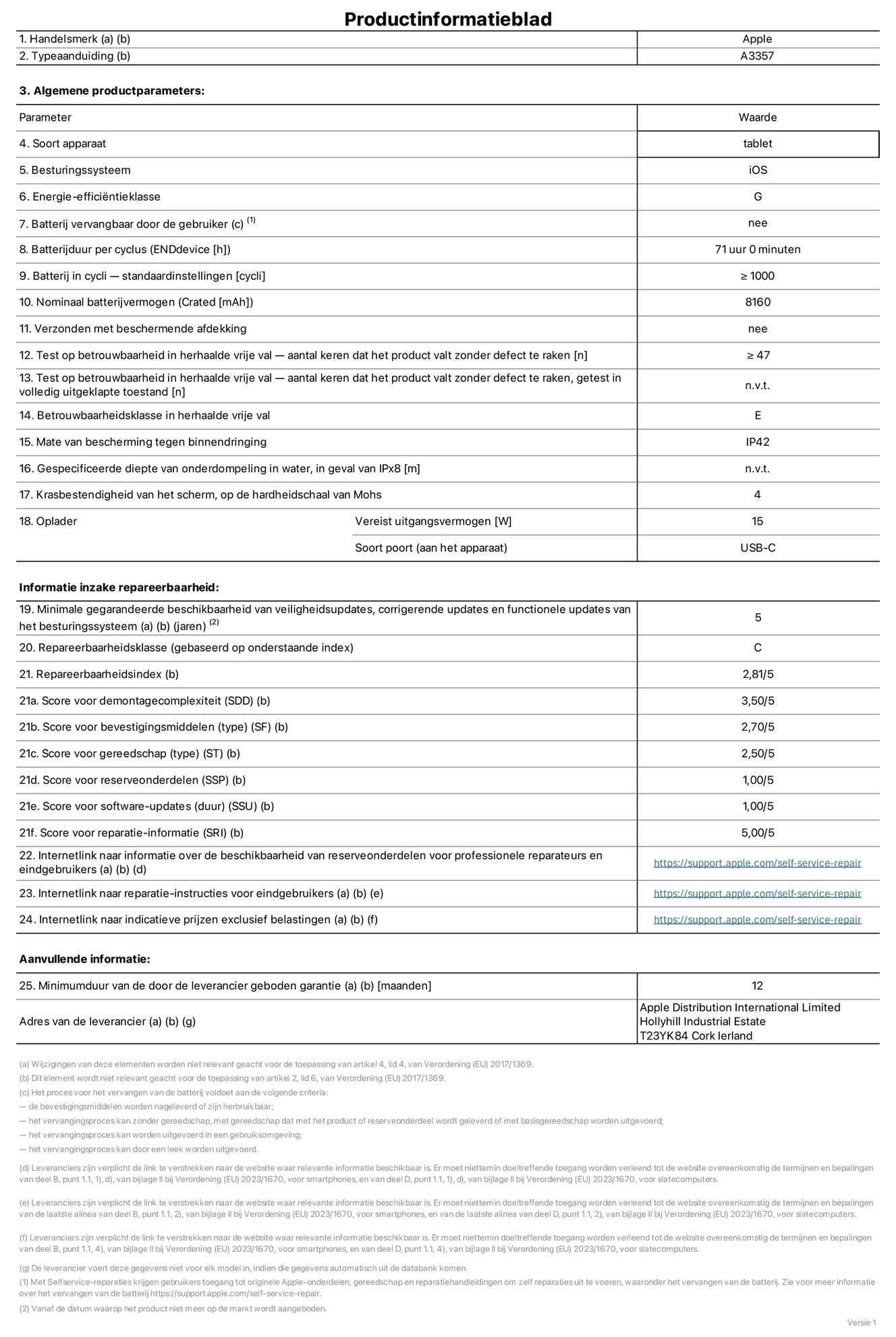 Productinformatieblad voor 11-inch iPad Pro (M5) (Wi-Fi), model A3357. Verstrekt door Apple Distribution International Limited, Hollyhill Industrial Estate. Cork, Ierland, T23 YK84. Type device: tablet. Besturingssysteem: iOS. Energie-efficiëntieklasse: G. Batterij door de gebruiker te vervangen: nee. Batterijduur per cyclus: 71 uur. Batterijduur in cycli, standaardinstellingen: groter dan of gelijk aan 1000. Nominale batterijcapaciteit: 8160 mAh. Geleverd met beschermhoesje: nee. Herhaalde betrouwbaarheidstest voor vrije val, valpartijen zonder defect: groter dan of gelijk aan 47. Herhaalde betrouwbaarheidstest voor vrije val, valpartijen zonder defect getest in volledig verlengde staat: niet van toepassing. Herhaalde vrije val betrouwbaarheidsklasse: E. Beschermingsklasse: IP42. Gespecificeerde dompeldiepte in water, in geval van iPx8: niet van toepassing. Krasbestendigheid van het scherm op de hardheidsschaal van Mohs: 4. Uitgangsvermogen vereist voor oplader: 15 watt. Type opladeraansluiting (aan het uiteinde van het apparaat): USB-C. Minimale gegarandeerde beschikbaarheid van beveiligingsupdates van het besturingssysteem, corrigerende updates en functionaliteitsupdates: 5 jaar. Repareerbaarheidsklasse: C. Repareerbaarheidsindex: 2,81/5. Score demontagediepte (SDD): 3,50/5. Score sluitingen: 2,70/5. Gereedschapsscore: 2,50/5. Score reserveonderdelen: 1,00/5. Score software-updates: 1,00/5. Score reparatiegegevens: 5,00/5. Weblink naar informatie over de beschikbaarheid van reserveonderdelen voor professionele reparaties en eindgebruikers: https://support.apple.com/self-service-repair. Weblink voor reparatie-instructies voor eindgebruikers: https://support.apple.com/self-service-repair. Weblink naar indicatieve prijzen vóór belasting: https://support.apple.com/self-service-repair. Inclusief 12 maanden algemene garantie.