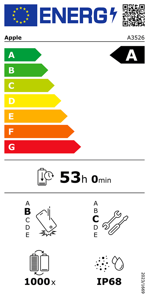 EU Energy Label QR code and information, Apple model A3526, class A, energy efficiency classes (with a scale from A to G), A (most efficient) to G (least efficient), battery endurance per cycle, 53 hours and 0 minutes per full battery charge, repeated free fall reliability class B, A (most robust) to E (least robust), repairability class C, A (most repairable) to E (least repairable), 1,000 battery endurance in cycles, dust and water ingress protection (IP) rating IP68, regulation 2023/1669.