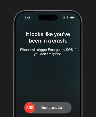 iPhone 17 Pro, sedd framifrån, rundade hörn, funktionen kraschdetektering används