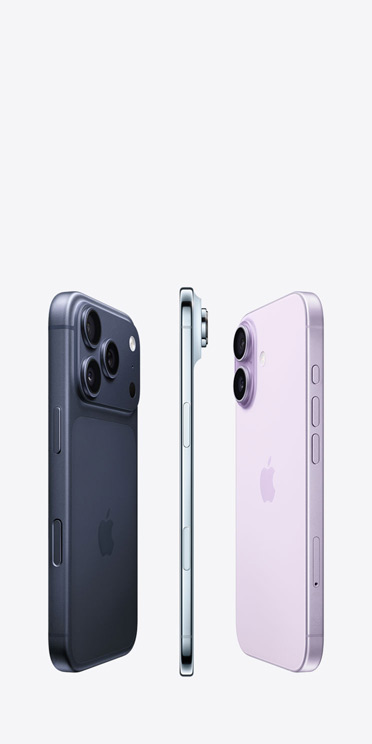 iPhone 17 Pro, face arrière, système caméra Pro Fusion sur toute la partie supérieure, iPhone Air, profil en titane très fin, iPhone 17, face arrière, système avancé à deux caméras dans le coin supérieur gauche