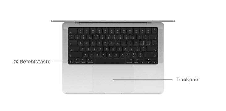 Draufsicht auf ein 14" MacBook Pro mit Linien, die anzeigen, wo sich die Befehlstaste und das Trackpad befinden.