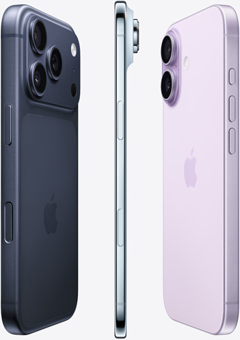 The camera-side of iPhone 17 Pro in Deep Blue, side profile of iPhone Air in Sky Blue and back side of iPhone 17 in Lavender spread out in a fan pattern.
