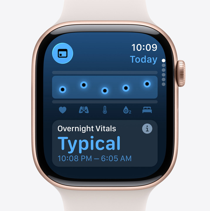 Apple Watch Series 11, boîtier en aluminum, couleur or rose, app Signes vitaux, tableau des scores de santé, notification des signes vitaux nocturnes