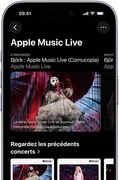 Écran Apple Music Live sur iPhone affichant Regarder et des performances passés