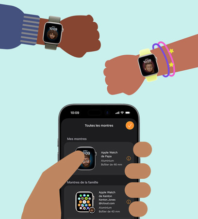 Apple Watch pour vos enfants, dessin, bras d’enfants portant des Apple Watch SE 3 jumelées à l’iPhone dans la main du parent