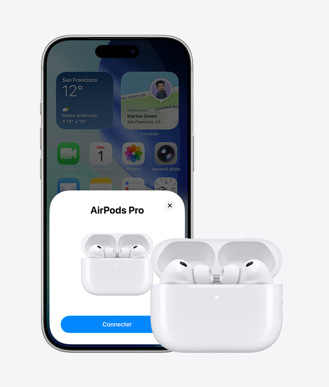 iPhone 17 Pro, face avant, écran d’accueil à l’arrière-plan, fenêtre contextuelle de connexion des AirPods à l’écran, AirPods dans un boîtier ouvert à côté de l’iPhone