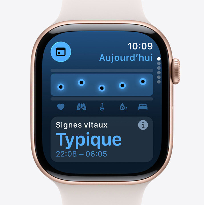 Apple Watch Series 11, boîtier en aluminum, couleur or rose, app Signes vitaux, tableau des scores de santé, notification des signes vitaux nocturnes