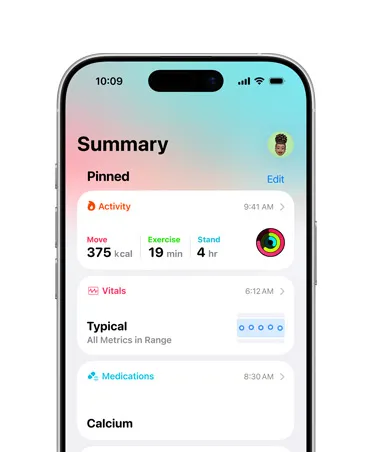 iPhone 上已釘選健康摘要