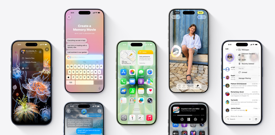 An array of iPhone 17 and 17 Pro devices each with a different screen showcasing iOS 26 and Apple Intelligence features