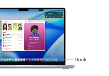 14 吋 MacBook Pro 上的 macOS 導覽，並以線條標示 Dock 的位置。