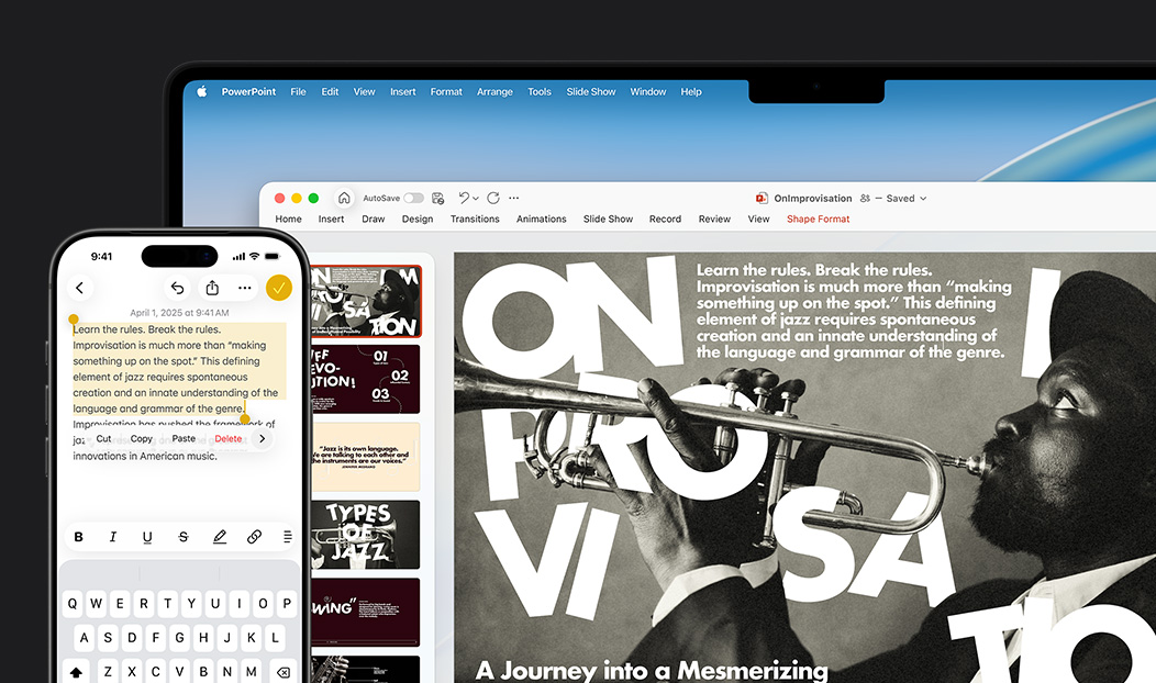 iPhone 16 Plus dengan teks yang disorot di aplikasi Catatan, MacBook Pro dengan slide Keynote terbuka, teks dari aplikasi Catatan terlihat di dalam slide