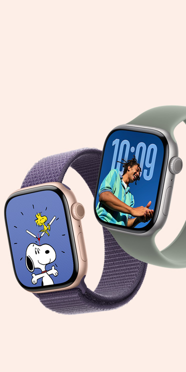 Apple Watch Series 11 devices, aluminum case, Space Gray color, and titanium case, natural color, Snoopy and Photos watch faces, Sport Loop, purple fog color, Solo Loop, green gray color