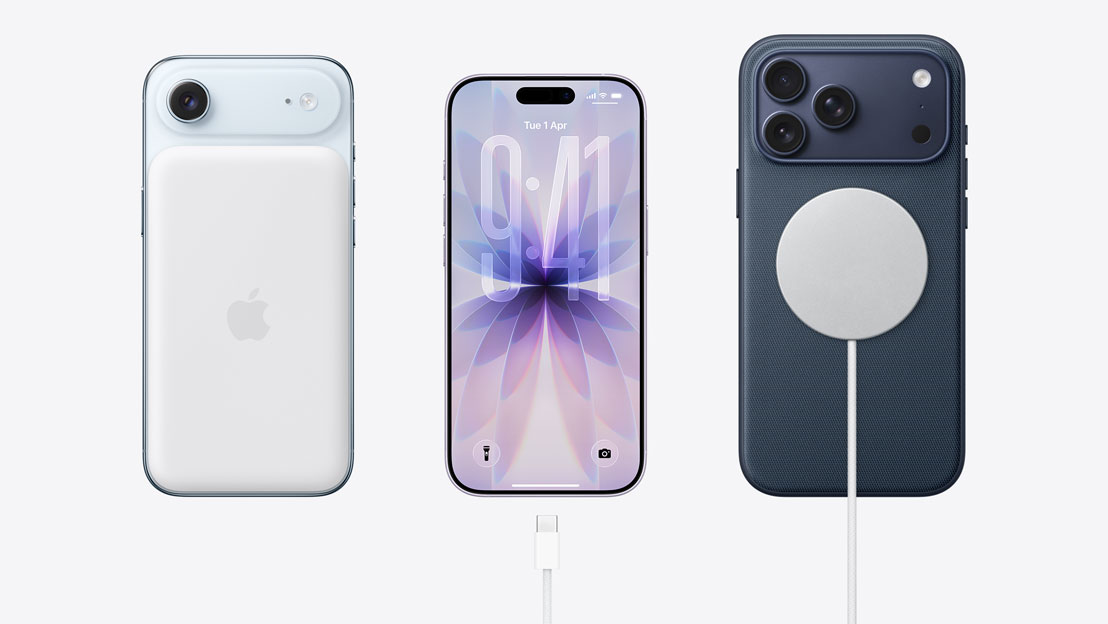 Side by side. iPhone Air back with MagSafe battery attached, iPhone 17 front with all screen design, USB-C charging cable near charging port, iPhone 17 Pro back with MagSafe charing cable attached