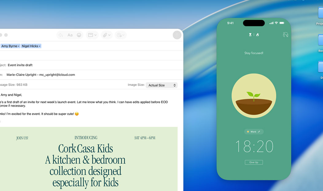 MacBook Pro, Mail app open, iPhone screen mirrored on MacBook Pro screen shows Uber Eats arriving