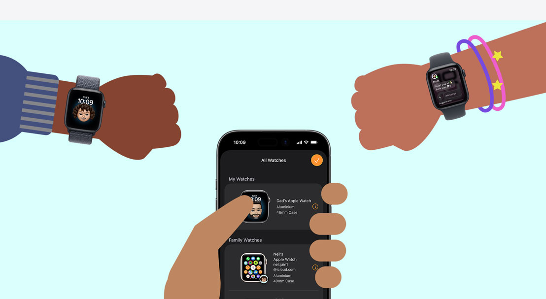 Illustration of two childrenʼs wrists wearing Apple Watch SE 3, adult hand holding an iPhone 17