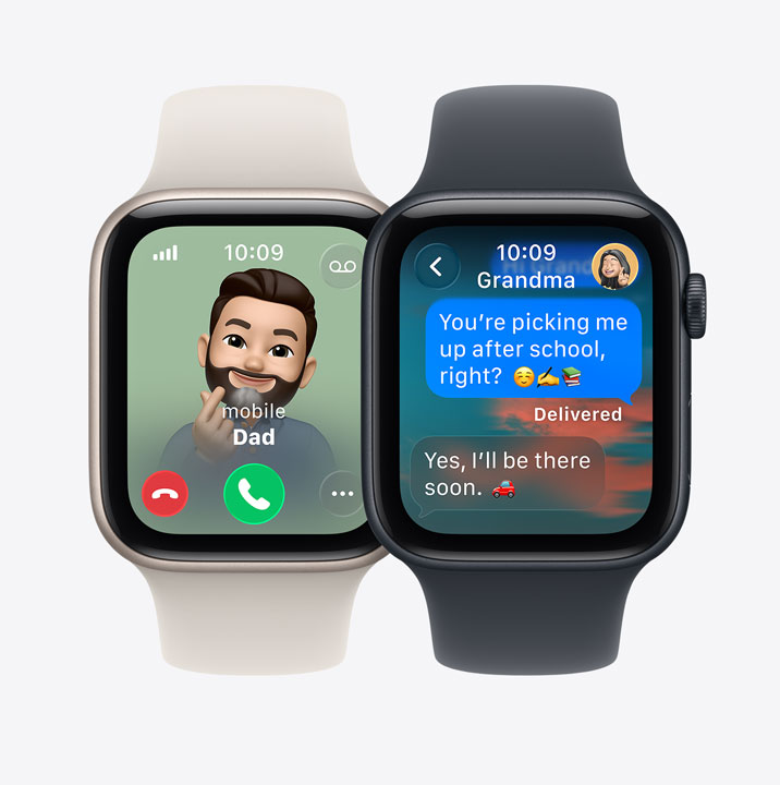 Apple Watch SE 3 devices, screens: incoming call from Dad, iMessage from Grandma