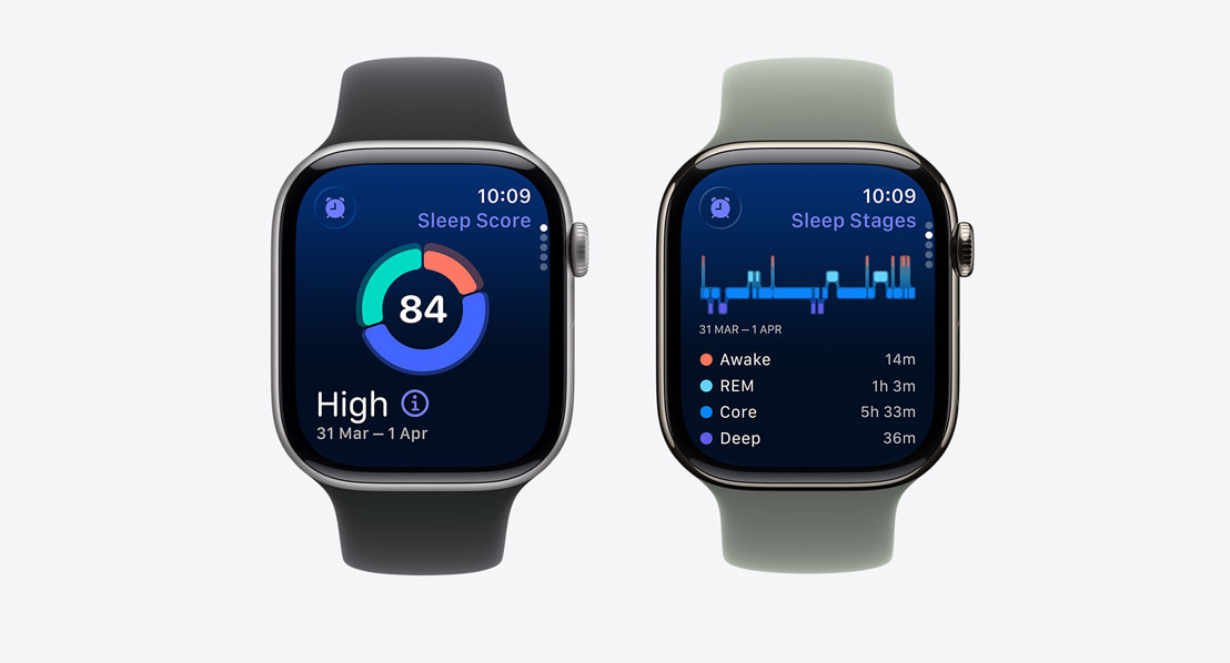 Two Apple Watch Series 11, sleep score screen, possible sleep apnoea notification, Sport Loops, black and green grey colours