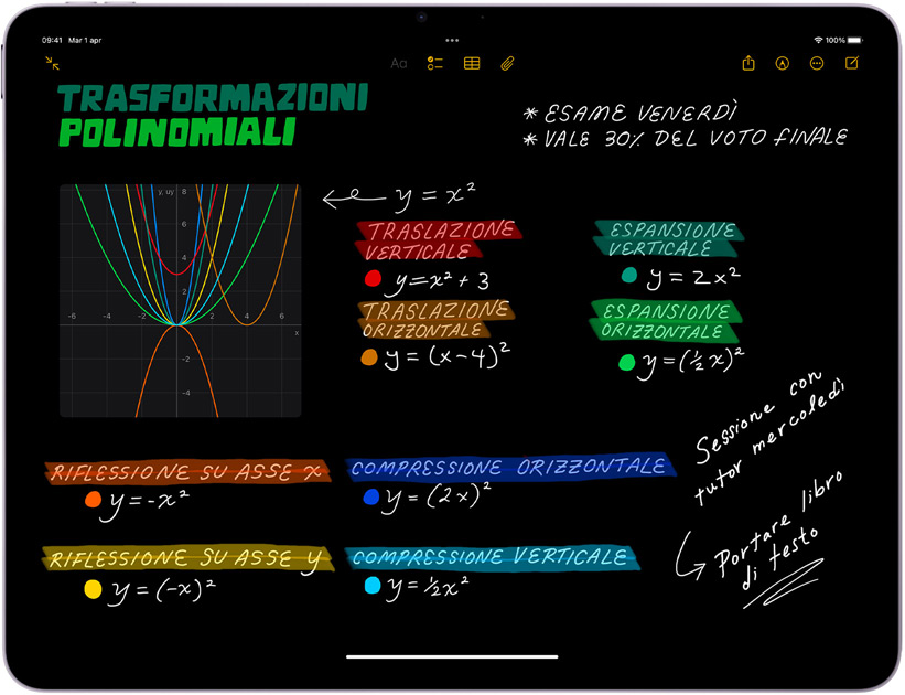 Il display di un iPad Air in orizzontale che mostra le note matematiche