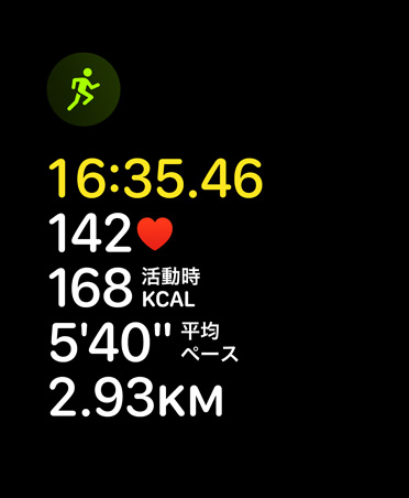 ランニングワークアウトのカード。ランニングのアイコンが表示されている。測定値：時間、心拍数、現在のペース、平均ペース、距離