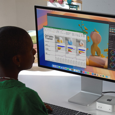 仕事用のテーブルに向かって座り、MacでExcelのスプレッドシートを編集している女性。Excelのスプレッドシートの内容は第4四半期の売上情報。Excelのスプレッドシートのウインドウの背後には、Pixelmator Proのウインドウが表示されている。