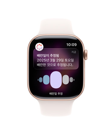 배란일 추정 알림이 나와 있고 오른쪽 옆면 외관에 Digital Crown이 보이는 로즈 골드 색상 알루미늄 케이스의 Apple Watch Series 11, 그리고 라이트 블러시 스포츠 밴드