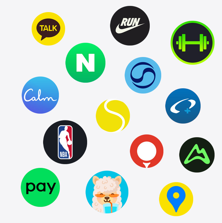 Apple Watch 앱 아이콘: 스마트워치 다이브 컴퓨터 Oceanic+, 물마시기 단식 식단기록 Waterllama, SwingVision: Tennis Pickleball, Golfshot 골프 GPS + Swing ID, Calm, SmartGym: Gym & Home Workouts, 네이버 - NAVER, 네이버페이, NBA: 생중계 경기 & 점수, 카카오톡, 카카오맵 - 대한민국 No.1 지도앱, Nike Run Club: 러닝 앱, 대한항공, My AllTrails: Hike, Bike & Run