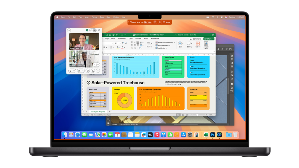 Se muestra una Mac con varias apps abiertas, como Zoom y Excel.