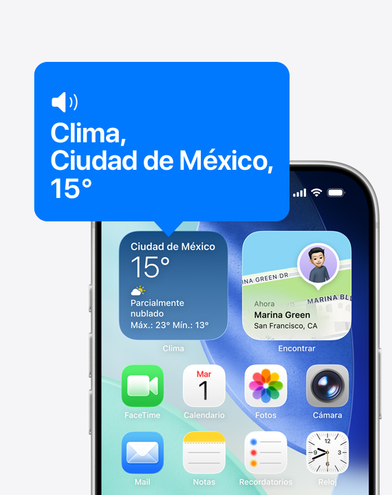 Pantalla de inicio de un iPhone, VoiceOver lee en voz alta el contenido del widget de la app Clima
