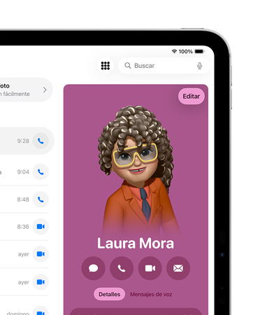 Un iPad, parte derecha de la pantalla que muestra una tarjeta de contacto en la app Teléfono con opciones para enviar un mensaje, llamar y más