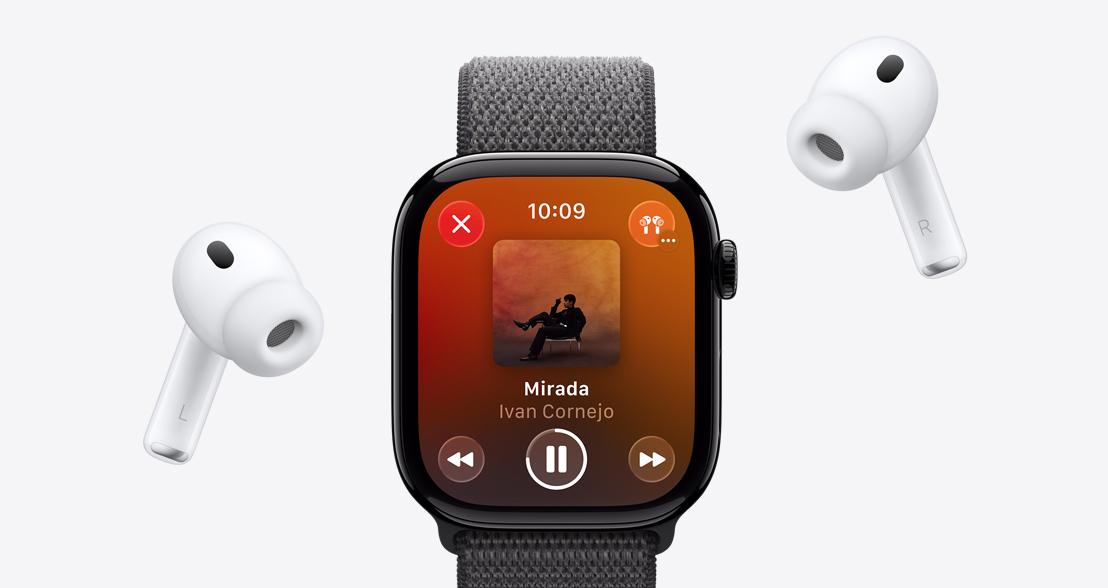AirPods Pro 3, blancos, almohadillas de silicón, Apple Watch Series 11, caja de aluminio, color negro azabache pulido, Apple Music reproduce una canción