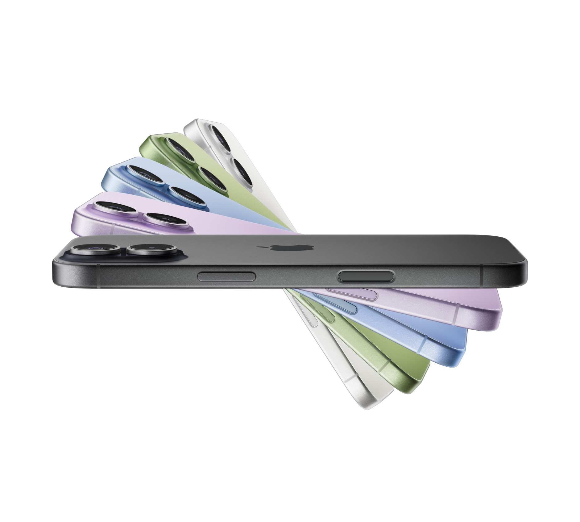 iPhone 17 ierīces izkārtotas vēdekļa formā, krāsas: melna, lavandas krāsa, miglas zila, salvijas zaļa, balta