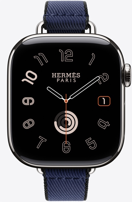 Apple Watch Hermès Series 11, titanium case, silver color, Radial watch face, Twill Jump Attelage Single Tour band, navy/noir color
